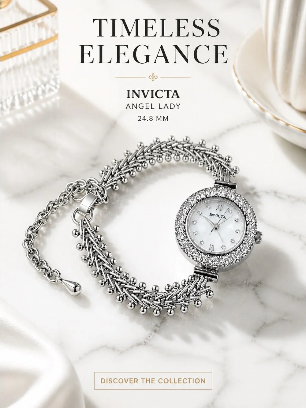Invicta Angel Lady Silver Crystal Bracelet Watch, with three-year warranty